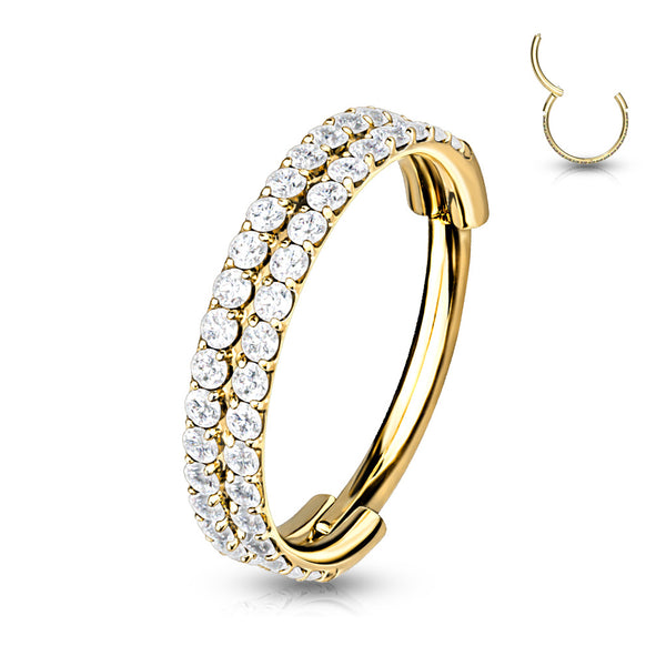 316L Surgical Steel Gold PVD Double Row White CZ Pave Hinged Clicker Hoop - Pierced Universe