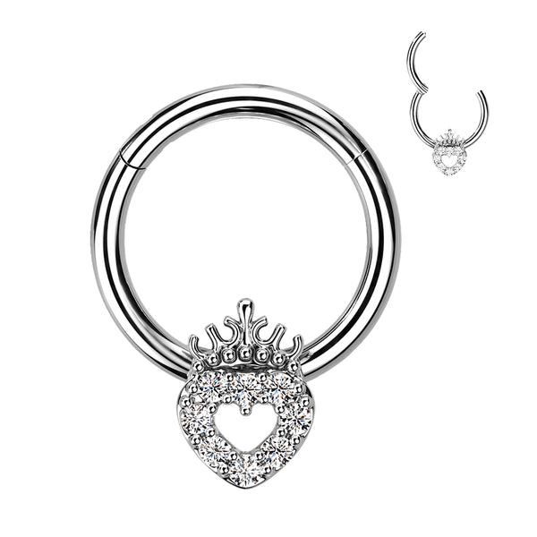 316L Surgical Steel White CZ Heart With Crown Hinged Clicker Hoop - Pierced Universe