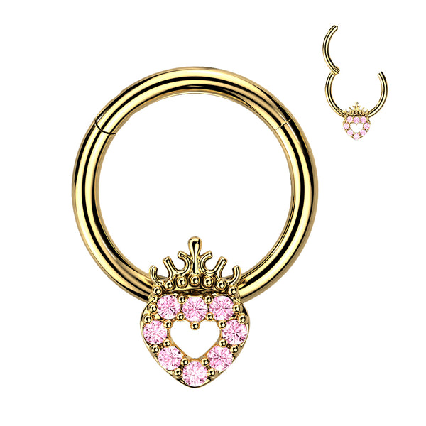 316L Surgical Steel Gold PVD Pink CZ Heart With Crown Hinged Clicker Hoop - Pierced Universe
