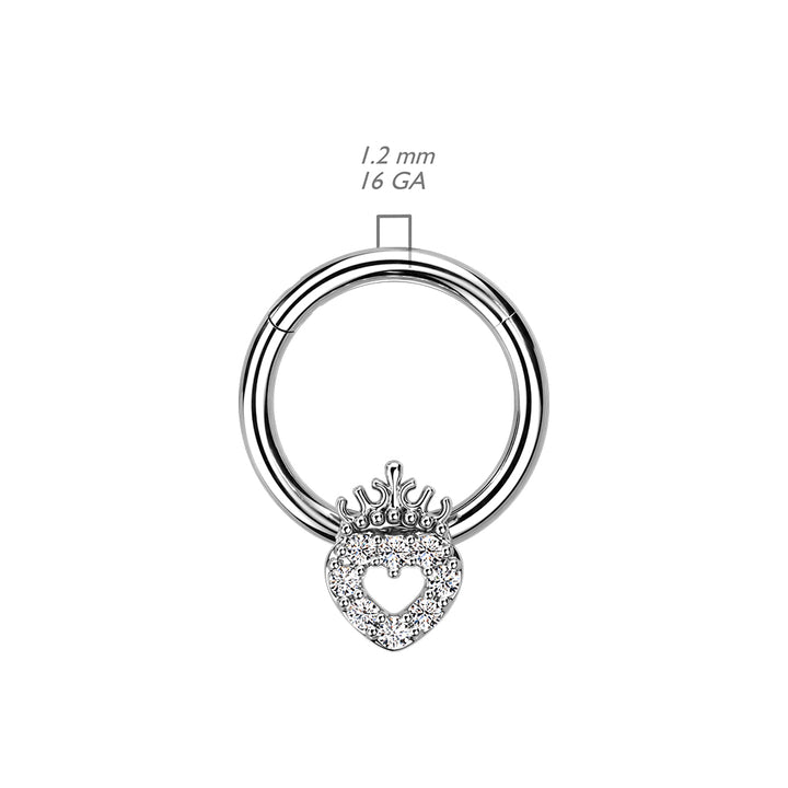 316L Surgical Steel White CZ Heart With Crown Hinged Clicker Hoop - Pierced Universe