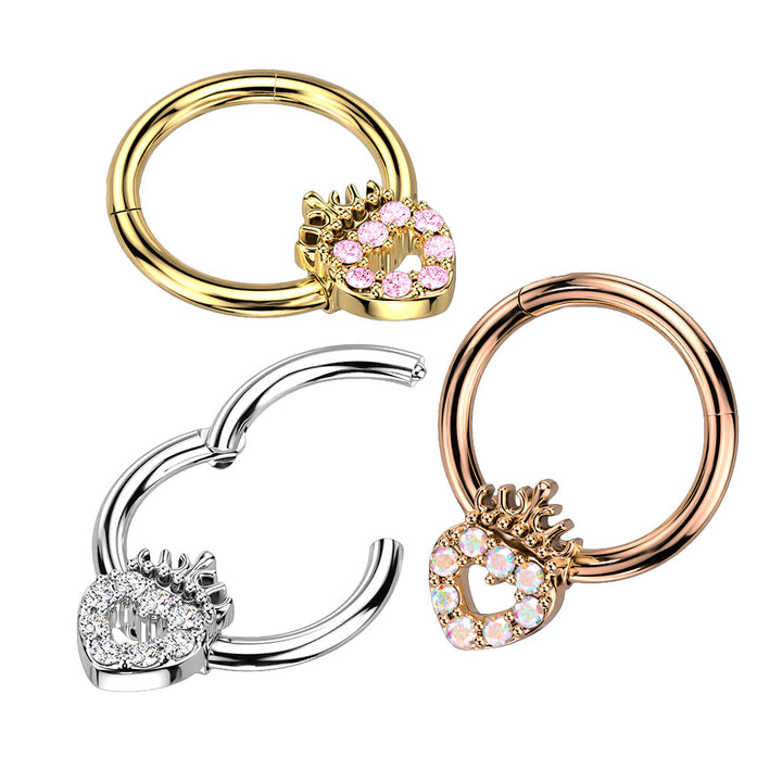 316L Surgical Steel Rose Gold PVD Aurora Borealis CZ Heart With Crown Hinged Clicker Hoop - Pierced Universe