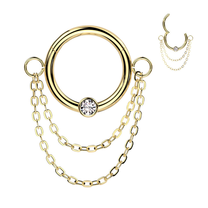 316L Surgical Steel Gold PVD White CZ Double Chain Hinged Clicker Hoop - Pierced Universe