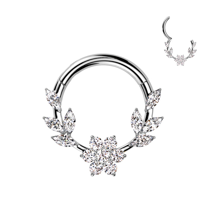316L Surgical Steel White CZ Dainty Vine Flower Hinged Clicker Hoop - Pierced Universe