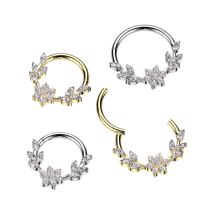 316L Surgical Steel Gold PVD White CZ Dainty Vine Flower Hinged Clicker Hoop - Pierced Universe