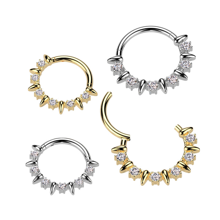 316L Surgical Steel Gold PVD White CZ Clawed Gem With Spike Hinged Clicker Hoop - Pierced Universe