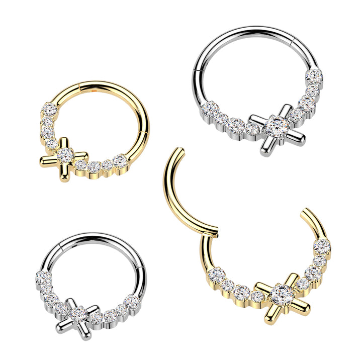 316L Surgical Steel Gold PVD White CZ Dainty X Hinged Clicker Hoop - Pierced Universe