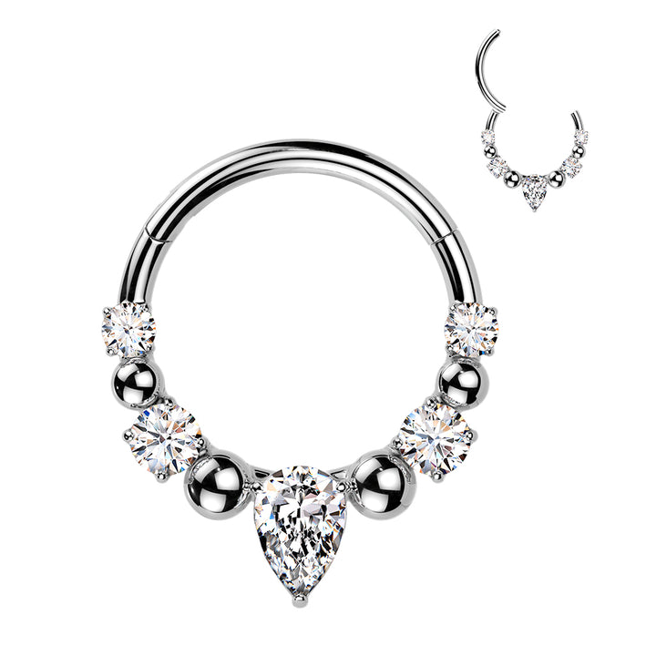 316L Surgical Steel White CZ Gem Teardrop Beaded Side Facing Hinged Clicker Hoop - Pierced Universe