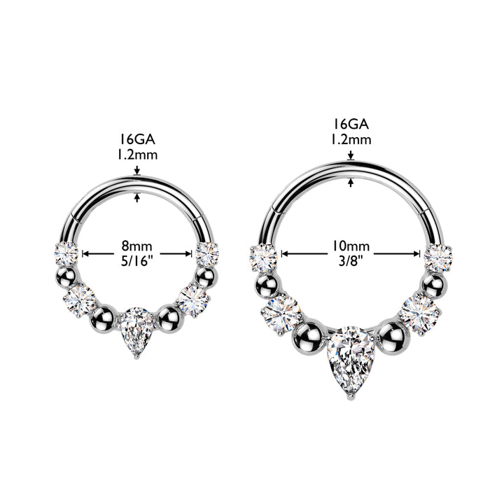 316L Surgical Steel Gold PVD White CZ Gem Teardrop Beaded Side Facing Hinged Clicker Hoop - Pierced Universe
