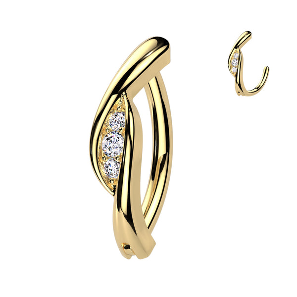 316L Surgical Steel Gold PVD White CZ Twisted Hinged Clicker Belly Ring - Pierced Universe
