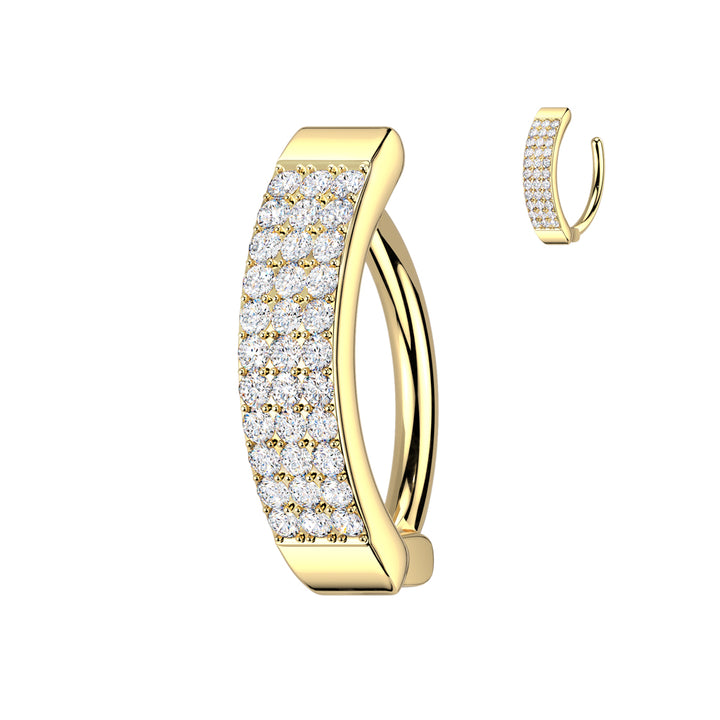 316L Surgical Steel Gold PVD White CZ Wide Triple Line Pave Hinged Clicker Belly Ring - Pierced Universe