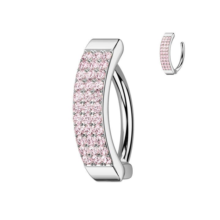 316L Surgical Steel Pink CZ Wide Triple Line Pave Hinged Clicker Belly Ring - Pierced Universe