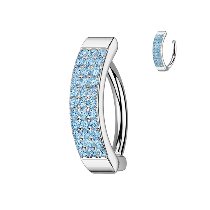 316L Surgical Steel Aqua CZ Wide Triple Line Pave Hinged Clicker Belly Ring - Pierced Universe