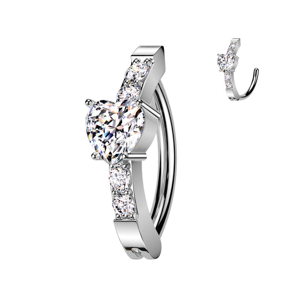 316L Surgical Steel White CZ Heart Studded Hinged Clicker Belly Ring - Pierced Universe