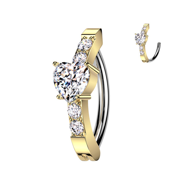 316L Surgical Steel Gold PVD White CZ Heart Studded Hinged Clicker Belly Ring - Pierced Universe