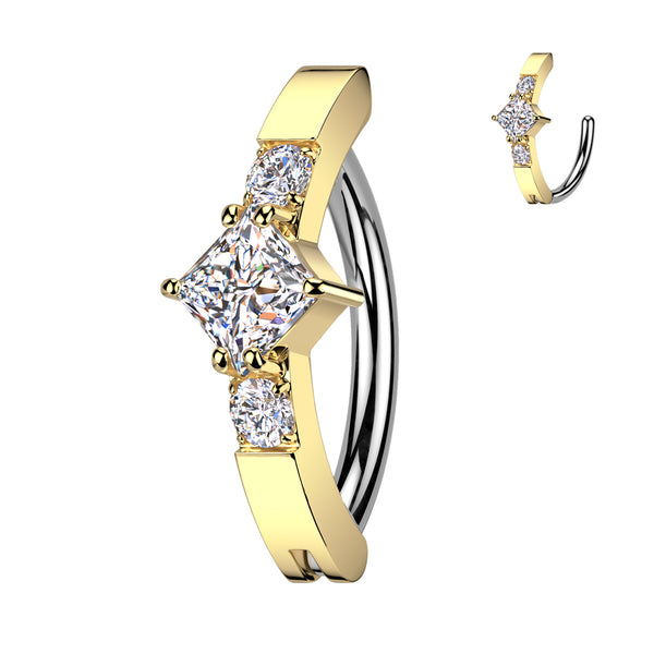316L Surgical Steel Gold PVD White CZ Square Gem Hinged Clicker Belly Ring - Pierced Universe