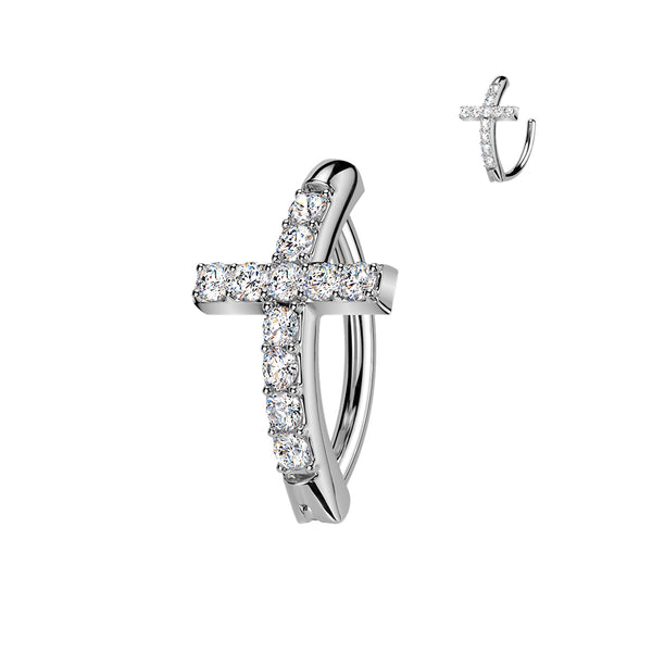 316L Surgical Steel White CZ Cross Hinged Clicker Belly Ring - Pierced Universe