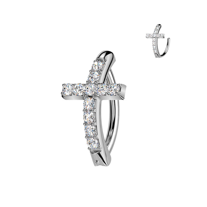 316L Surgical Steel White CZ Cross Hinged Clicker Belly Ring - Pierced Universe