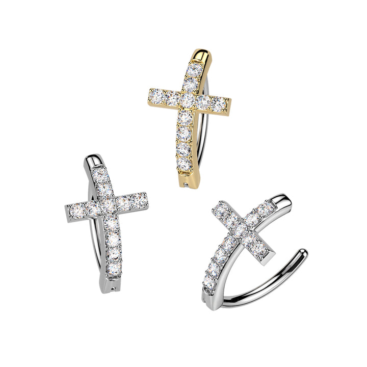 316L Surgical Steel Gold PVD White CZ Cross Hinged Clicker Belly Ring - Pierced Universe