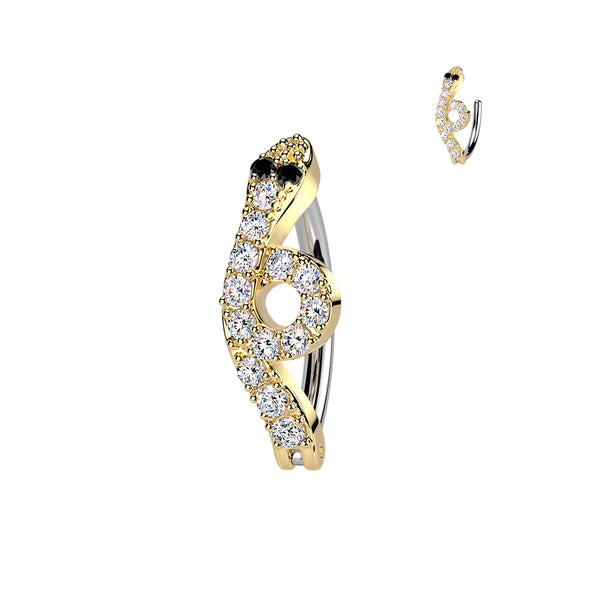 316L Surgical Steel Gold PVD White CZ Snake With Black Eye Hinged Clicker Belly Ring - Pierced Universe