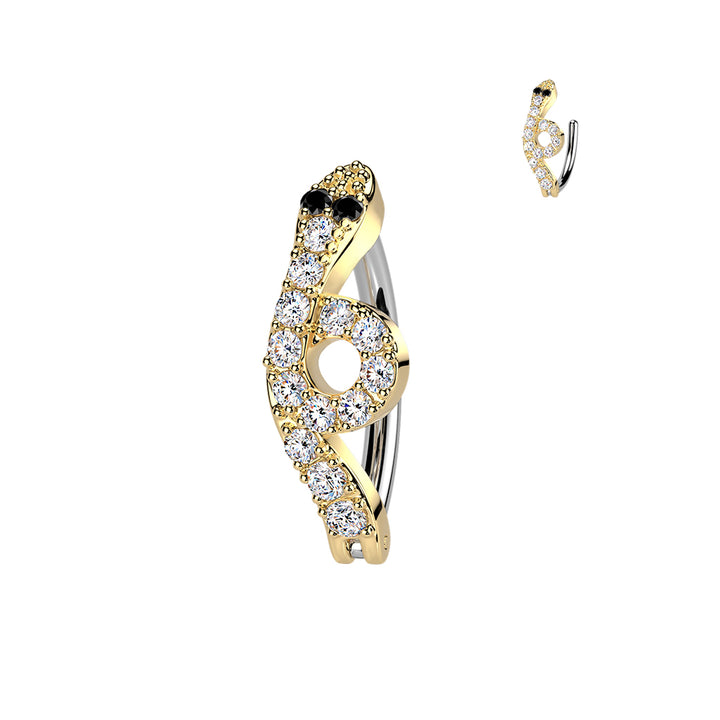 316L Surgical Steel Gold PVD White CZ Snake With Black Eye Hinged Clicker Belly Ring - Pierced Universe