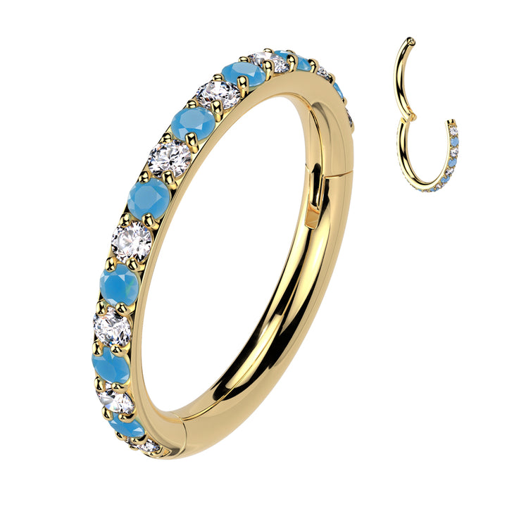 Implant Grade Titanium Gold PVD Aqua White CZ Pave Hinged Helix Clicker Hoop - Pierced Universe