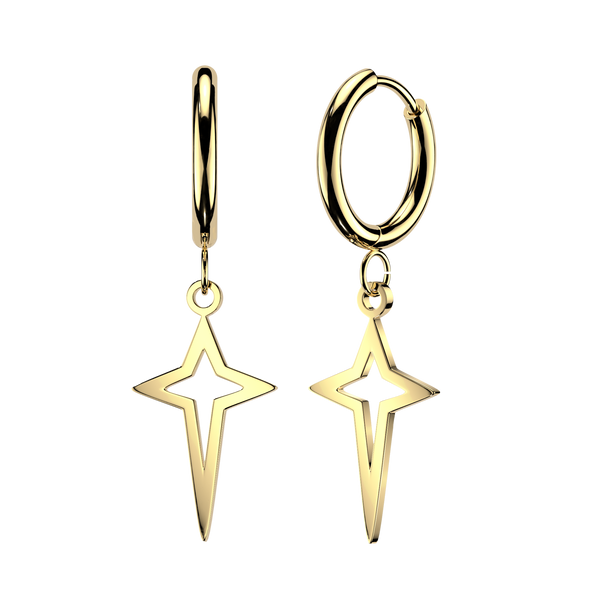 Pair of 316L Surgical Steel Gold PVD Star Cut Out Dangle Hinged Hoop Earrings - Pierced Universe