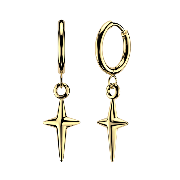 Pair of 316L Surgical Steel Gold PVD Star Starburst Dangle Hinged Earring Hoops - Pierced Universe