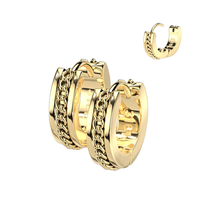 Pair of 316L Surgical Steel Gold PVD Chain Link Design Hinged Hoop Earrings - Pierced Universe