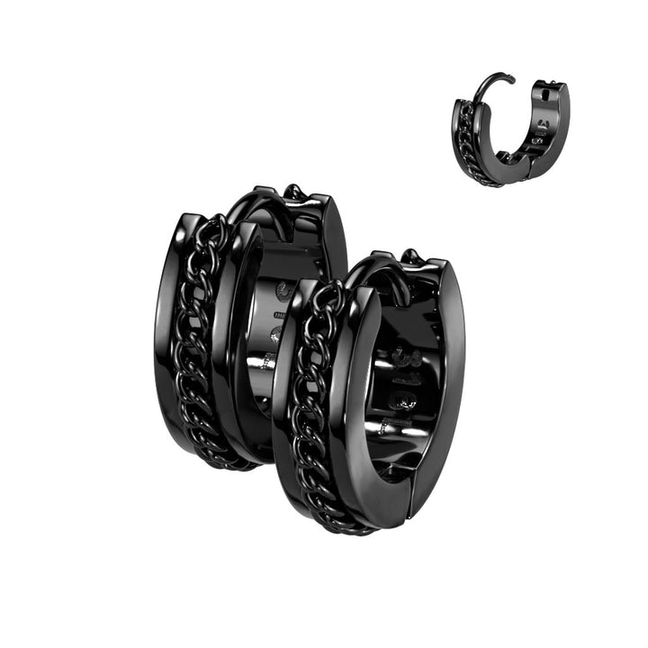 Pair of 316L Surgical Steel Black PVD Chain Link Design Hinged Hoop Earrings - Pierced Universe