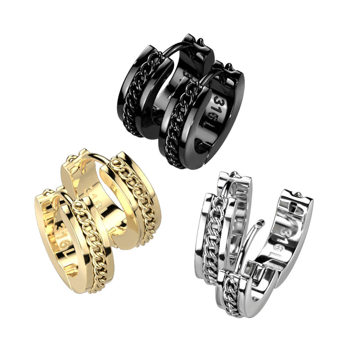 Pair of 316L Surgical Steel Black PVD Chain Link Design Hinged Hoop Earrings - Pierced Universe