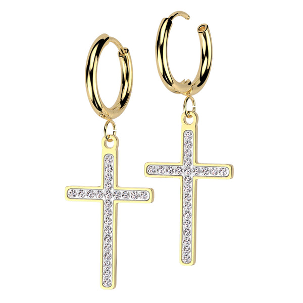 Pair of 316L Surgical Steel Gold PVD White CZ Dangly Cross Hoop Earrings
