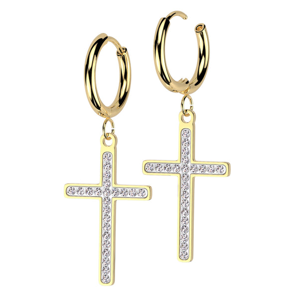 Pair of 316L Surgical Steel Gold PVD White CZ Dangly Cross Hoop Earrings - Pierced Universe