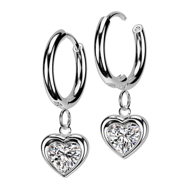 Pair of 316L Surgical Steel White CZ Heart Shaped Gem Dangle Hoop Earrings - Pierced Universe
