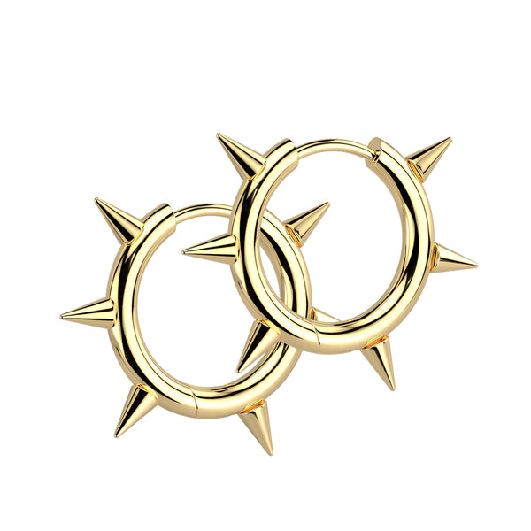 Pair of 316L Surgical Steel Gold PVD Thin Spike Hinged Hoop Earring - Pierced Universe