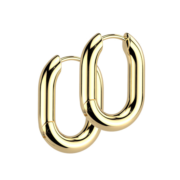 Pair of 316L Surgical Steel Gold PVD Rounded Oval Hinged Hoop Earrings - Pierced Universe