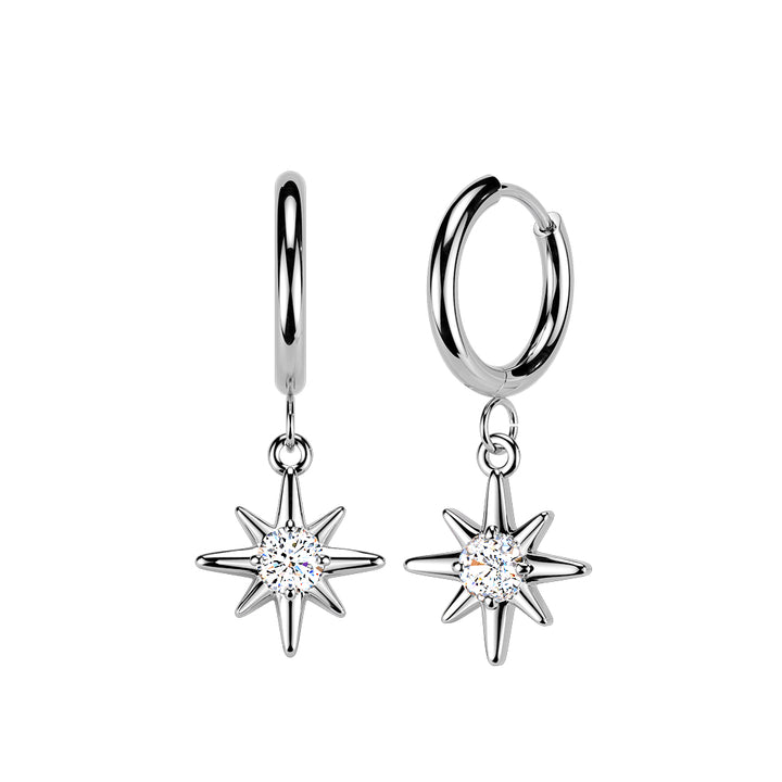 Pair of 316L Surgical Steel White CZ Starburst Large Dangle Hinged Hoop Earrings - Pierced Universe