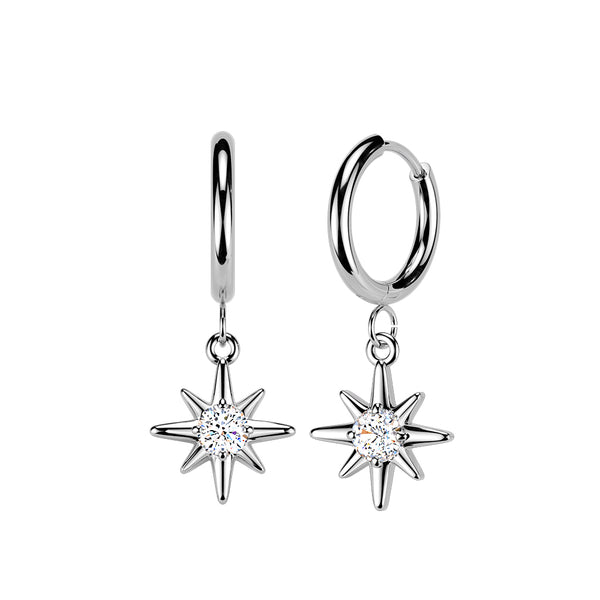Pair of 316L Surgical Steel White CZ Starburst Large Dangle Hinged Hoop Earrings - Pierced Universe