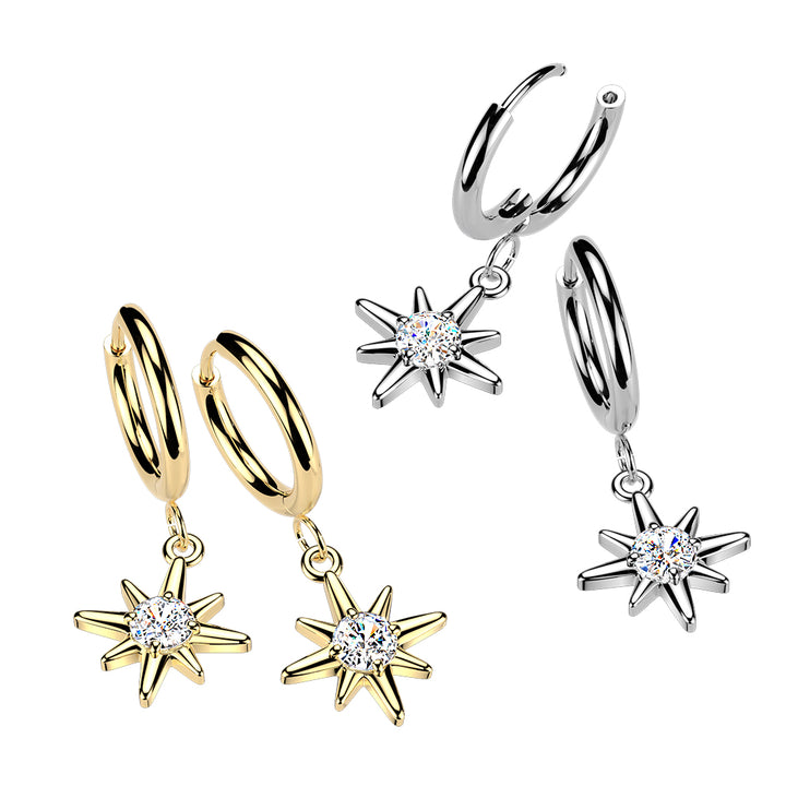 Pair of 316L Surgical Steel Gold PVD White CZ Starburst Large Dangle Hinged Hoop Earrings - Pierced Universe