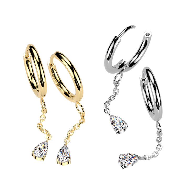 Pair of 316L Surgical Steel Gold PVD White CZ Long Teardrop Dangle Hinged Hoop Earrings - Pierced Universe