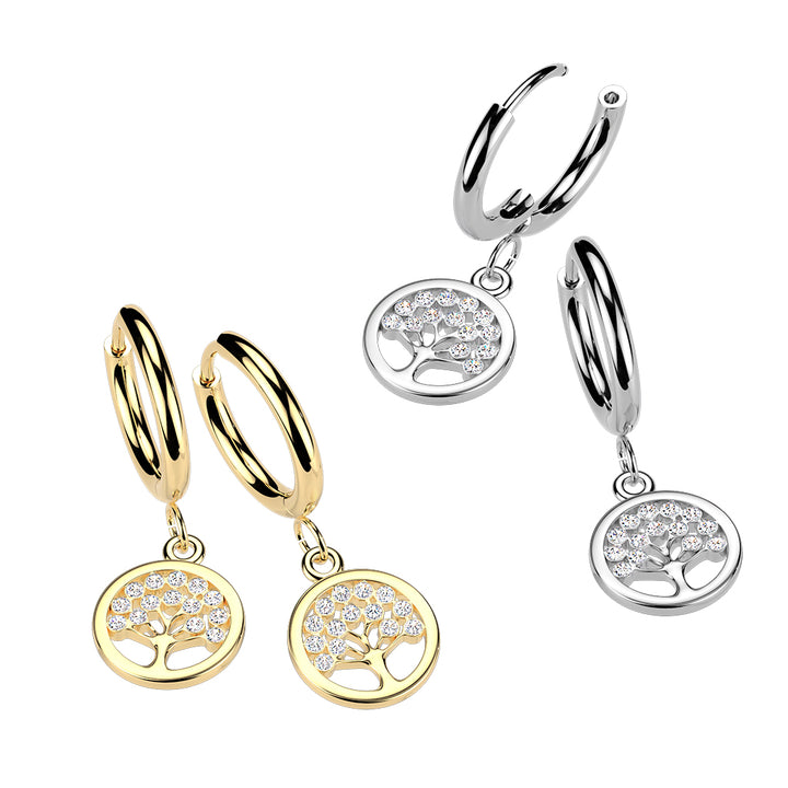 Pair of 316L Surgical Steel Gold PVD White CZ Tree Of Life Dangle Hinged Hoop Earrings - Pierced Universe