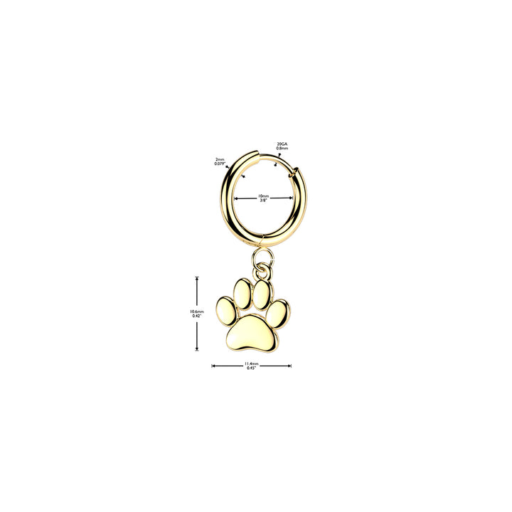 Pair of 316L Surgical Steel Gold PVD Large Paw Print Dangle Hoop Earrings - Pierced Universe