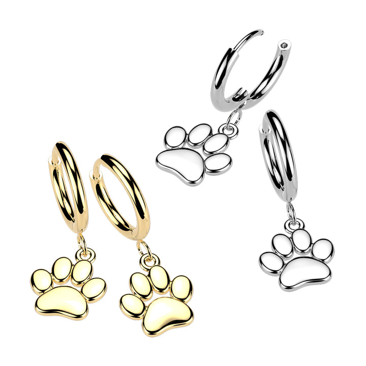 Pair of 316L Surgical Steel Gold PVD Large Paw Print Dangle Hoop Earrings - Pierced Universe