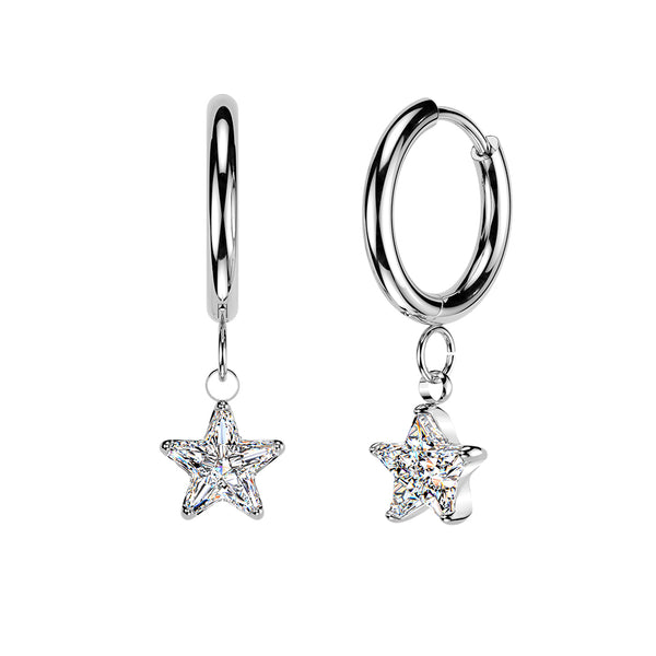 Pair of 316L Surgical Steel White CZ Star Dangle Hinged Hoop Earrings