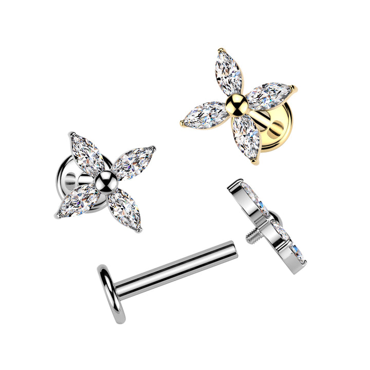 Implant Grade Titanium Gold PVD White CZ Large Four Petal Flower Internally Threaded Flat Back Labret - Pierced Universe