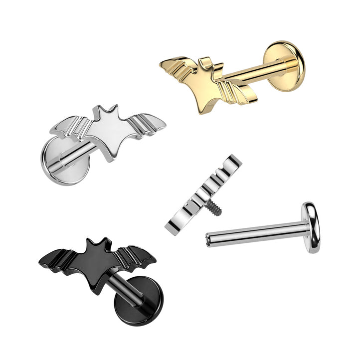 Implant Grade Titanium Black PVD Internally Threaded Large Ridged Bat Flat Back Labret - Pierced Universe