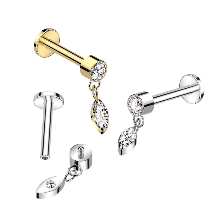 Implant Grade Titanium Gold PVD White CZ Marquise Gem Dangle Flat Back Labret - Pierced Universe