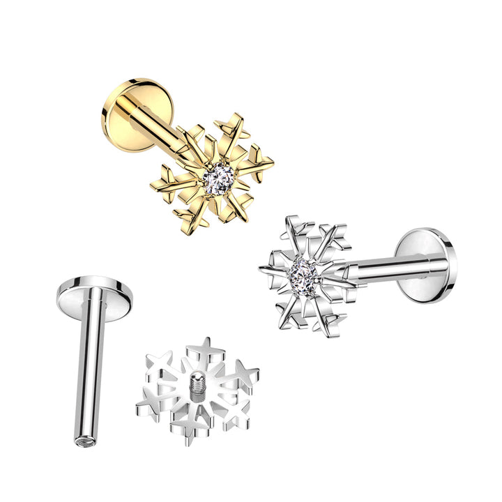 Implant Grade Titanium Gold PVD White CZ Snowflake Flat Back Labret - Pierced Universe