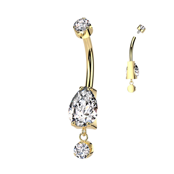 Implant Grade Titanium Gold PVD White CZ Teardrop Circle Dangle Belly Ring