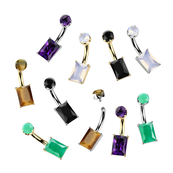 Implant Grade Titanium Gold PVD Green Onyx Rectangle Internally Threaded Belly Ring - Pierced Universe