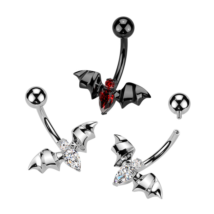 Implant Grade Titanium Black PVD Red CZ Internally Threaded Flying Bat Non Dangle Belly Ring - Pierced Universe